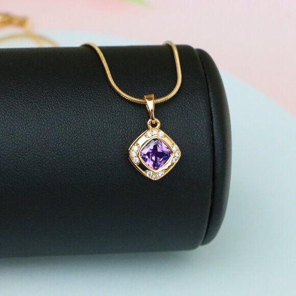 "Purple Cushion Stone Pendant in Gold Plated Brass with Crystal Halo, XPPT1770 - Picture 13 of 13